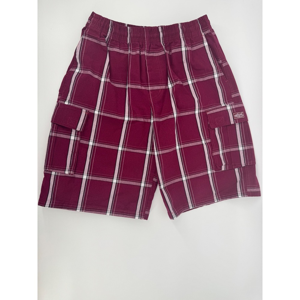 Shaka Wear Mens Plaid Cargo Shorts XL Burgundy White Elastic Waist Streetwear‎